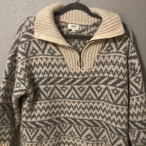 Aerie White & Gray Fair Isle Oversized Quarter Zip Sweater